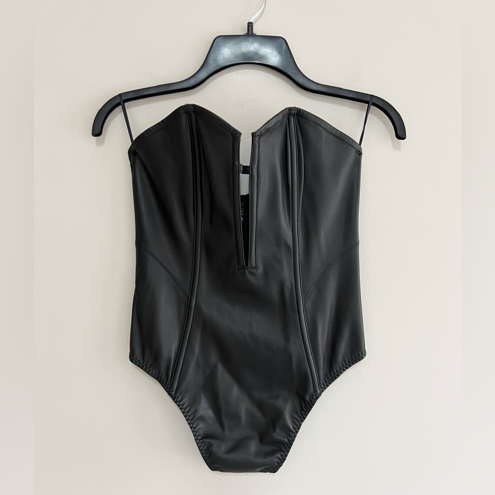 Victoria’s Secret NWT Faux Leather Strapless Lace Back Teddy Thong Bodysuit, M